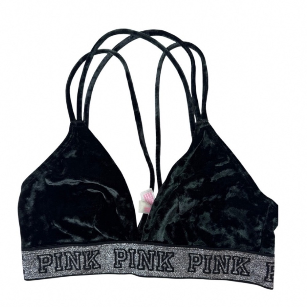 Victoria's Secret PINK Green Velvet Strappy Caged Bralette Silver Logo Band S